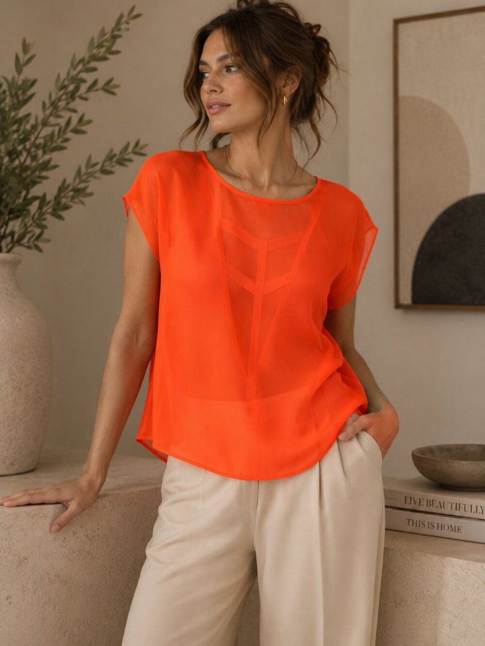 Lush Neon Orange Sheer Short Sleeve Blouse | Size S - Picture 2 of 7